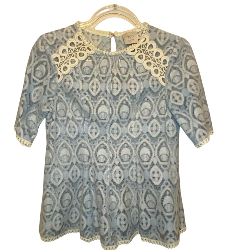 HD in Paris Anthropologie Paris Blue Cream French Lace Peplum Blouse SZ 0